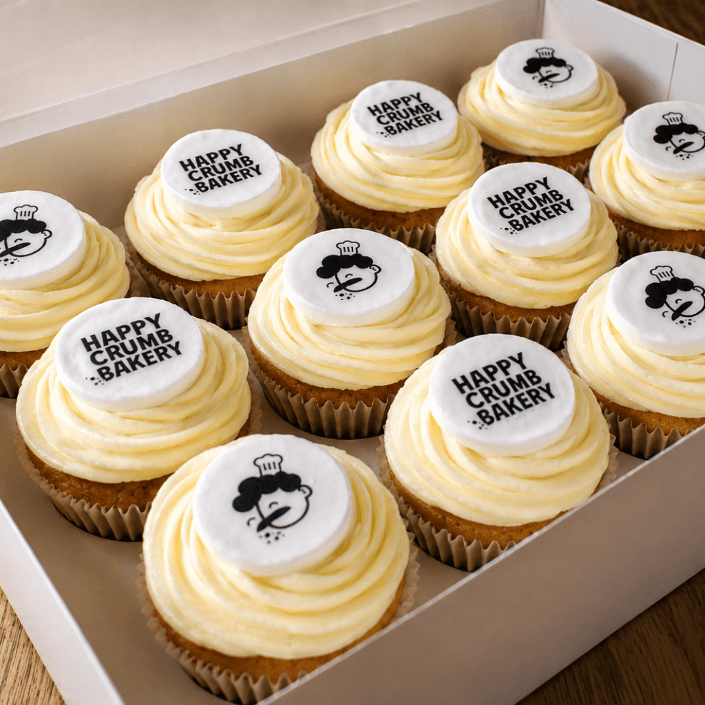 A full box of Happy Crumb personalised cupcakes photographed from slightly above so multiple edible designs are visible.