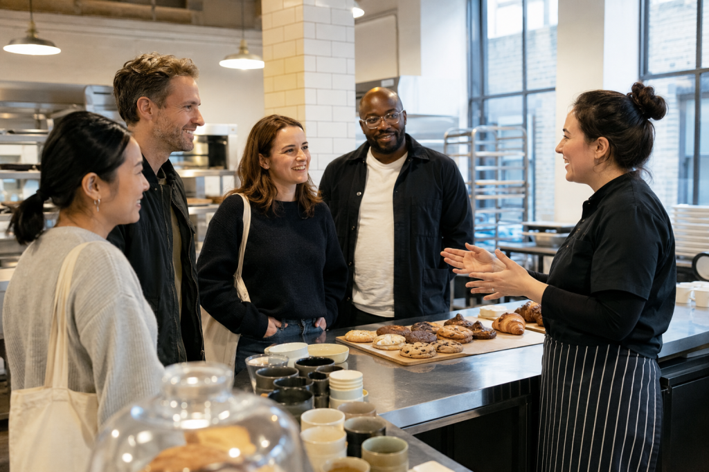 Corporate guests arriving for a team building cookie workshop in London