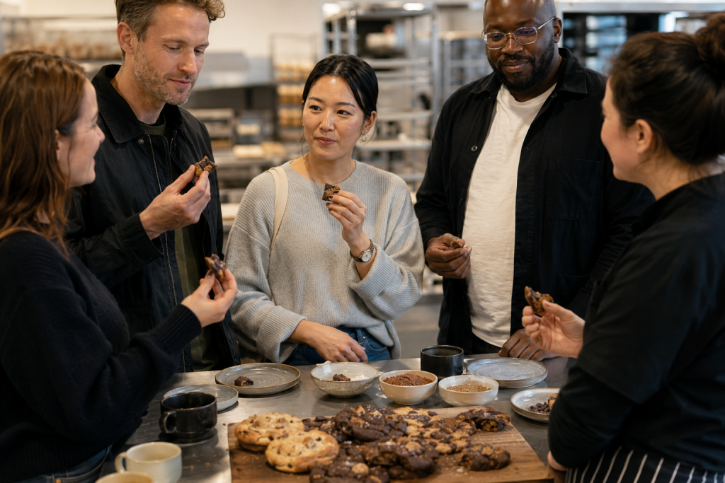 Corporate team tasting handmade cookies during a London team building experience