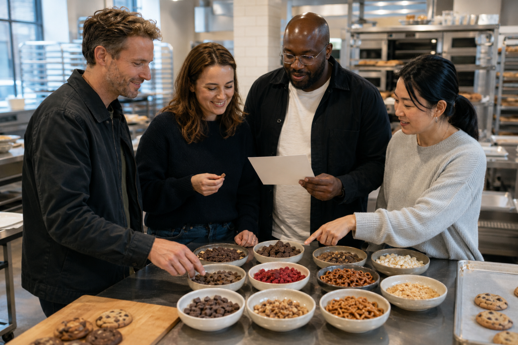 Corporate colleagues choosing ingredients for a signature cookie challenge in London
