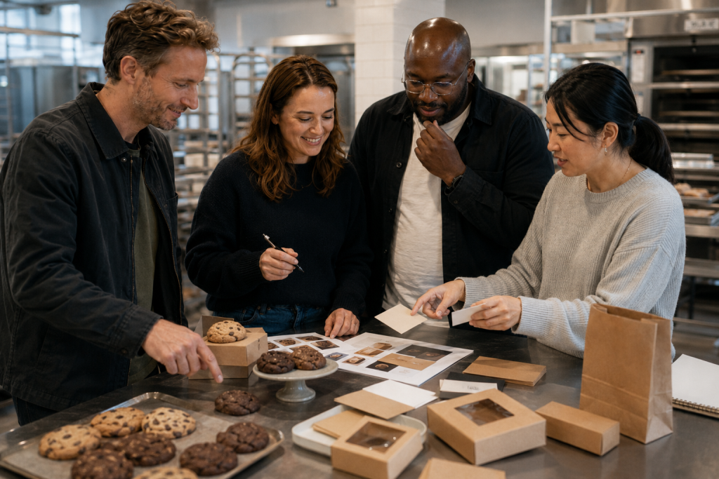 Corporate team developing a cookie brand concept during a creative away day in London