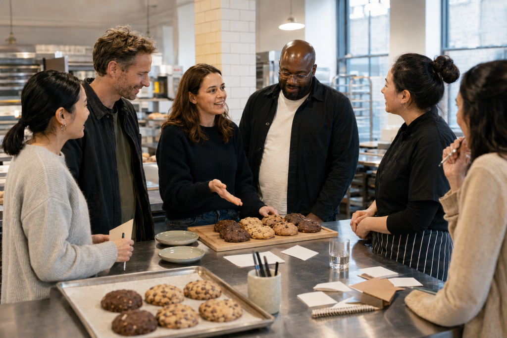 Corporate team presenting and judging finished cookies during a London away day activity