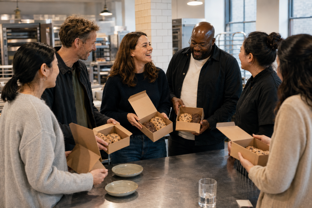 Corporate participants holding take-home cookie boxes after a team building workshop in London