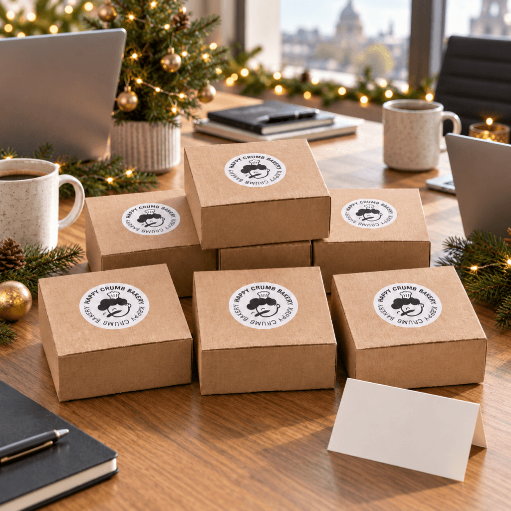 Corporate Christmas cookie gifts with branded packaging from Happy Crumb Bakery